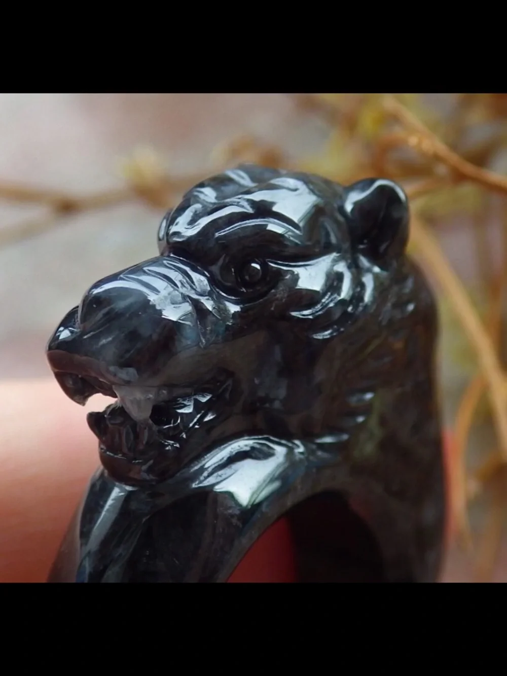 Certificate JADEITE Jade carved black Tiger luck good fortune ring size 7.75